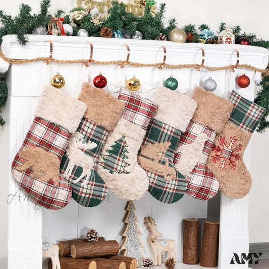 6 Pack Christmas Stocking - Red Green Plush Plaid Mix And Match Classic Rustic Farmhouse Country