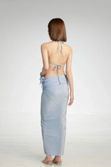 Dusty Blue Floral Accent Bikini with Maxi Sarong Skirt Set