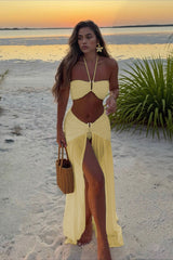 Halter Slit Long Dress Three Piece Swim Set