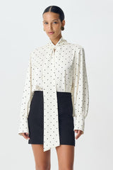 Polka Dot Collared Tie-Up Slim Chic Blouse