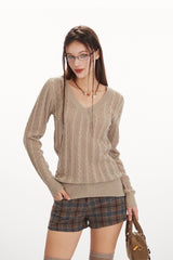 Cable Knit V-Neck Slouchy Slim Base Layer