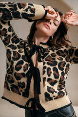 Leopard Print Loose Slouchy Drawstring Knit Cardigan