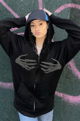Retro Skull Hand Print Zip-Up Hoodie