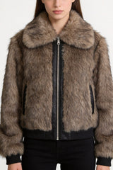 Rib Trim Cropped Faux Fur Bomber Coat