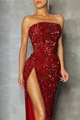 Sequin High Slit Strapless Off-Shoulder Party Dress