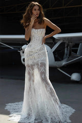 High-End Lace Sheer Paneled Corset Strapless Party Dress