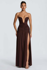 Solid Strapless High Slit Ruched Bodycon Party Dress