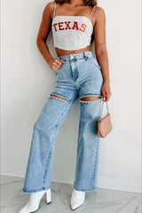 High-Waisted Washed Ripped Chain Straight Leg Jeans