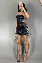 Solid PU Leather Off Shoulder Tube Tie Slim Bodycon Dress