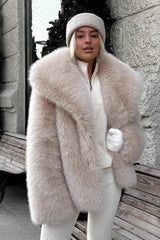 Fluffy Faux Fox Fur Notch Collar Warm Winter Coat