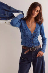 V Neck Chunky Cable Button Embroidered Cardigan