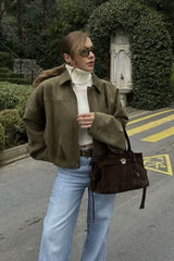 Batwing Sleeve Zippered Bomber Jacket