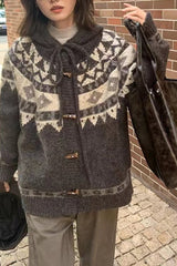 Retro Fair Isle Hooded Horn Button Loose Knit Cardigan
