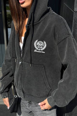 Washed Vintage Zip-Up Letter Embroidery Hoodie
