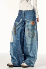High Street Vintage Patchwork Print Wide-Leg Jeans