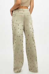 Edgy Retro Metal Bead Full-Diamond Low-Rise Straight Jeans