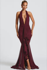 Mesh Paneled V-Neck Halter Backless Sexy Party Dress