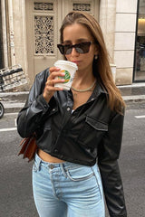 White Crop Leather Long-Sleeve Jacket