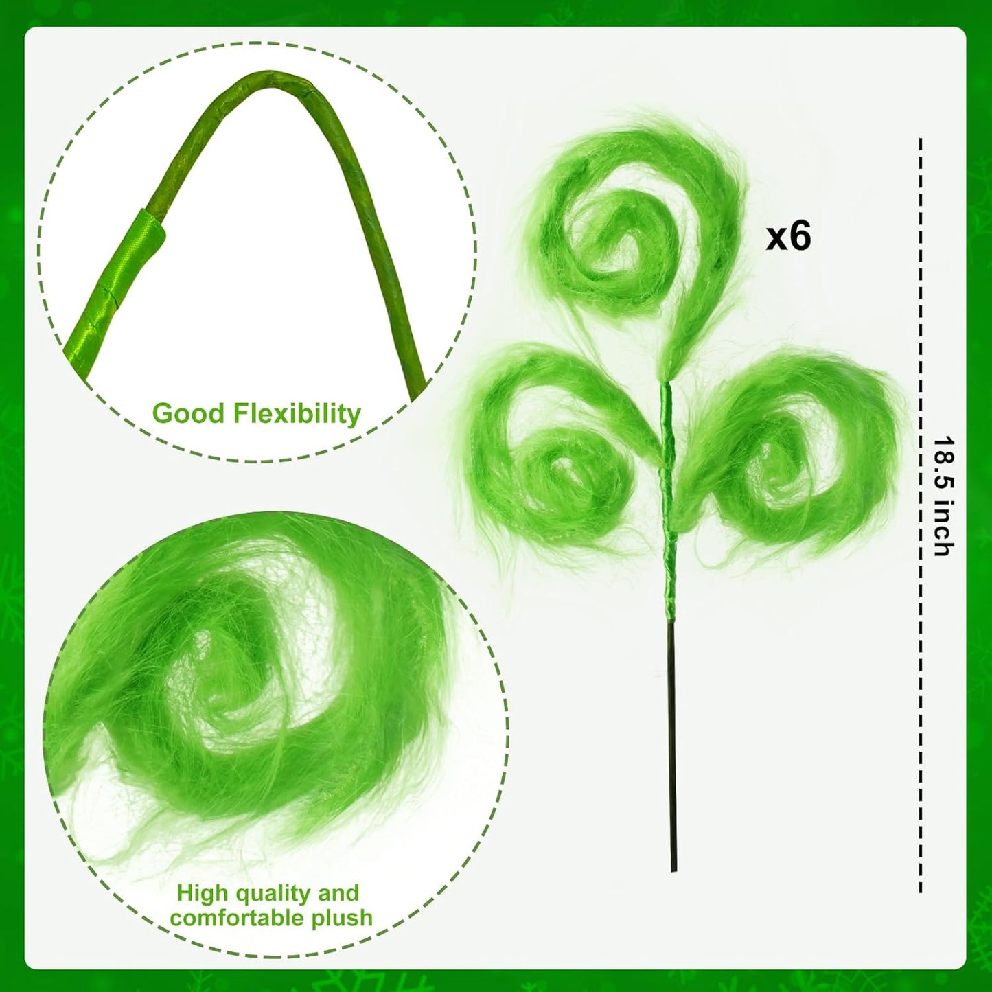 Green Furry Christmas Tree Topper and Picks Set - 6 Pieces, 17 Inch - Ideal for Holiday Decor, Wreaths, and Vases