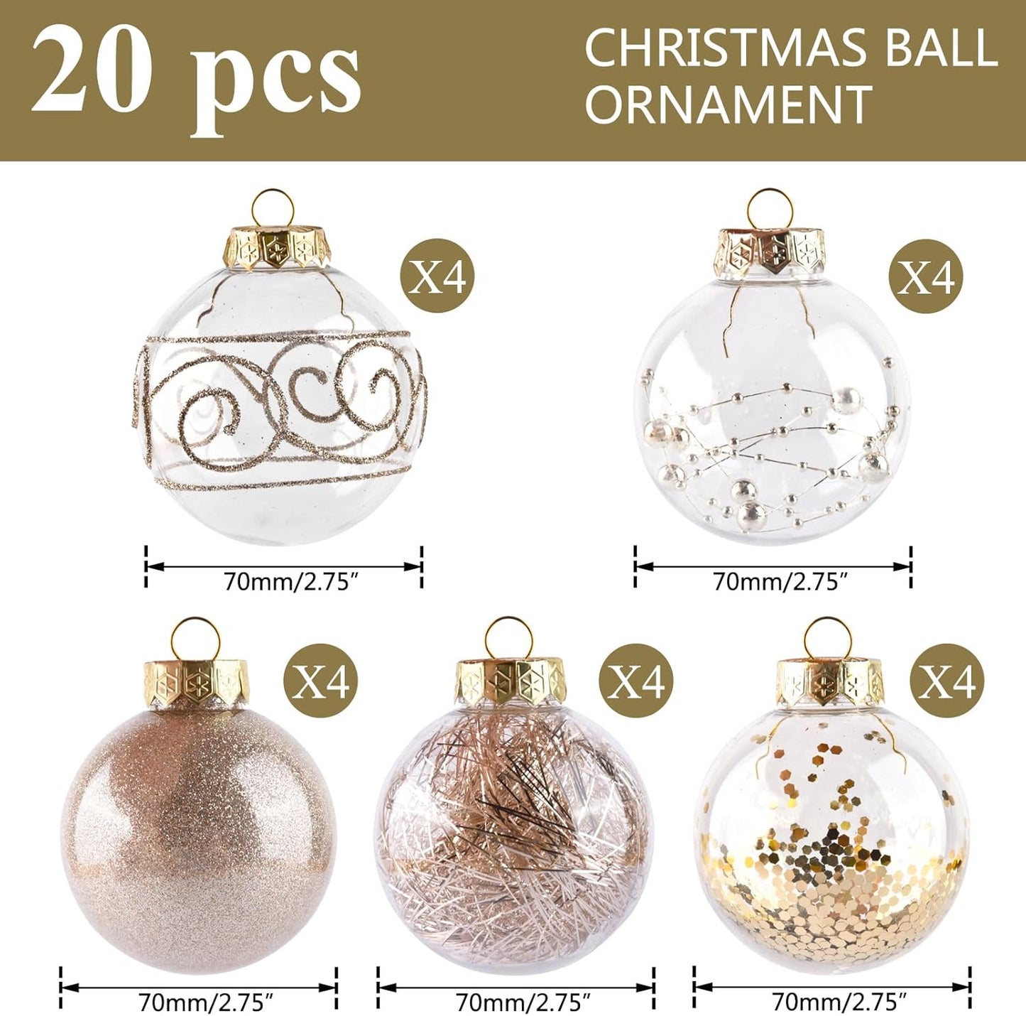 Shatterproof Clear Plastic Christmas Ball Ornaments - Champagne Gold (20 Pcs)