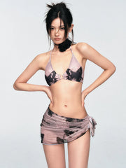 Mauve and Black Tie-Dye Bikini Set with Matching Sarong Skirt