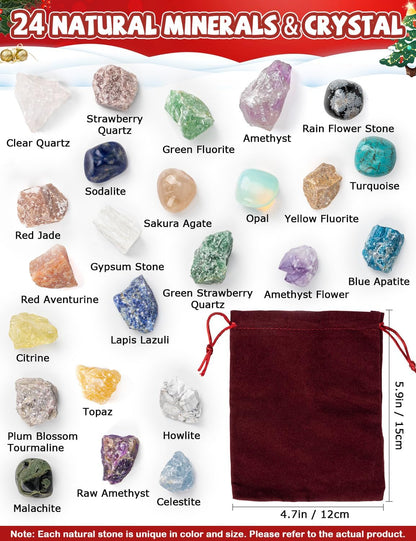 Natural Crystals & Minerals Advent Calendar with Necklace and Storage Bag