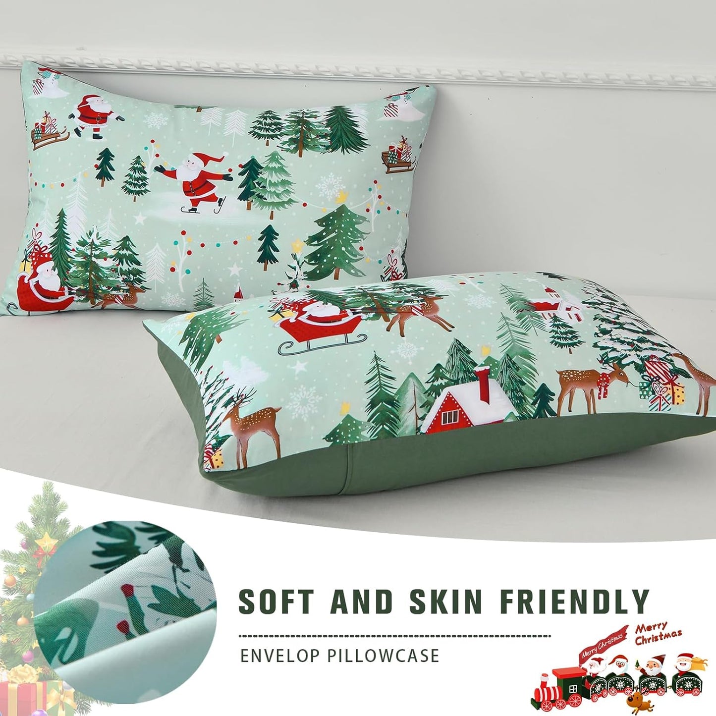 Christmas Tree Deer Queen Size Duvet Cover Set - Green