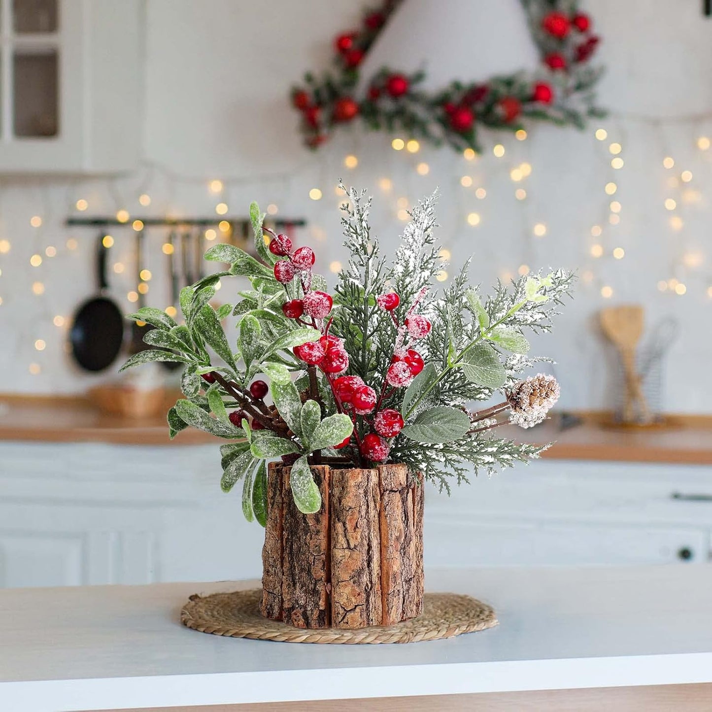 Christmas Centerpiece Decoration with Potted Plants, Greenery Pine Needles, and Red Berry Stems - Festive Home and Office Decor