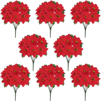 Velvet Red Poinsettia Artificial Christmas Flowers - 8 Pack for Tree Decoration