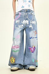 Oversized Washed Star Embroidered Straight Leg Jeans