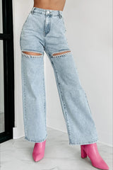 High-Waisted Washed Ripped Chain Straight Leg Jeans