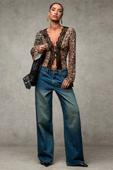 Leopard Print Lace-Paneled Sexy Blouse