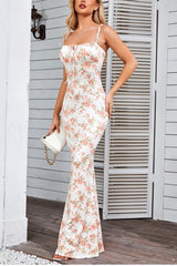 Floral Ruched Backless Tie Cami Mermaid Maxi Bodycon Dress