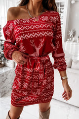 Christmas Print Long Sleeve Tie Waist Casual Mini Dress