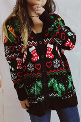 Themed Print Long Sleeve Button Christmas Cardigan