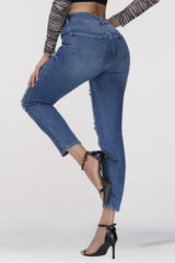 Blue Ripped High-Waisted Skinny Ankle Jeans