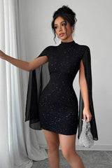 Shiny Printed High Neck Puff Sleeve Bodycon Party Dress