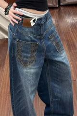 Edgy Deconstructed Embroidered Wide Leg Jeans