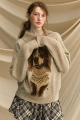 Retro Dachshund Print Slouchy Loose Pullover Sweater