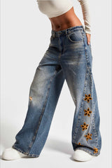 Loose Fit High Waist Floral Embroidered Jeans