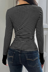 Striped Henley Neck Waist Tie T Shirt