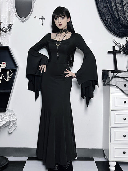 Long Witch Sleeve Evening Mermaid Neck Formal Dress Vintage Batwing V Sheath Halloween