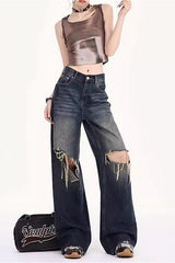 Vintage Distressed Raw Hem Low-Rise Wide-Leg Jeans
