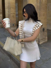 Knitted Pleated Wrap Skirt Two Piece Set