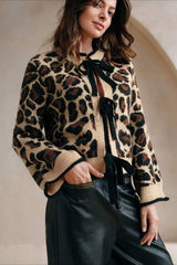 Leopard Print Loose Slouchy Drawstring Knit Cardigan
