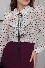Polka Dot Bow-Tie Long-Sleeve Chic Blouse