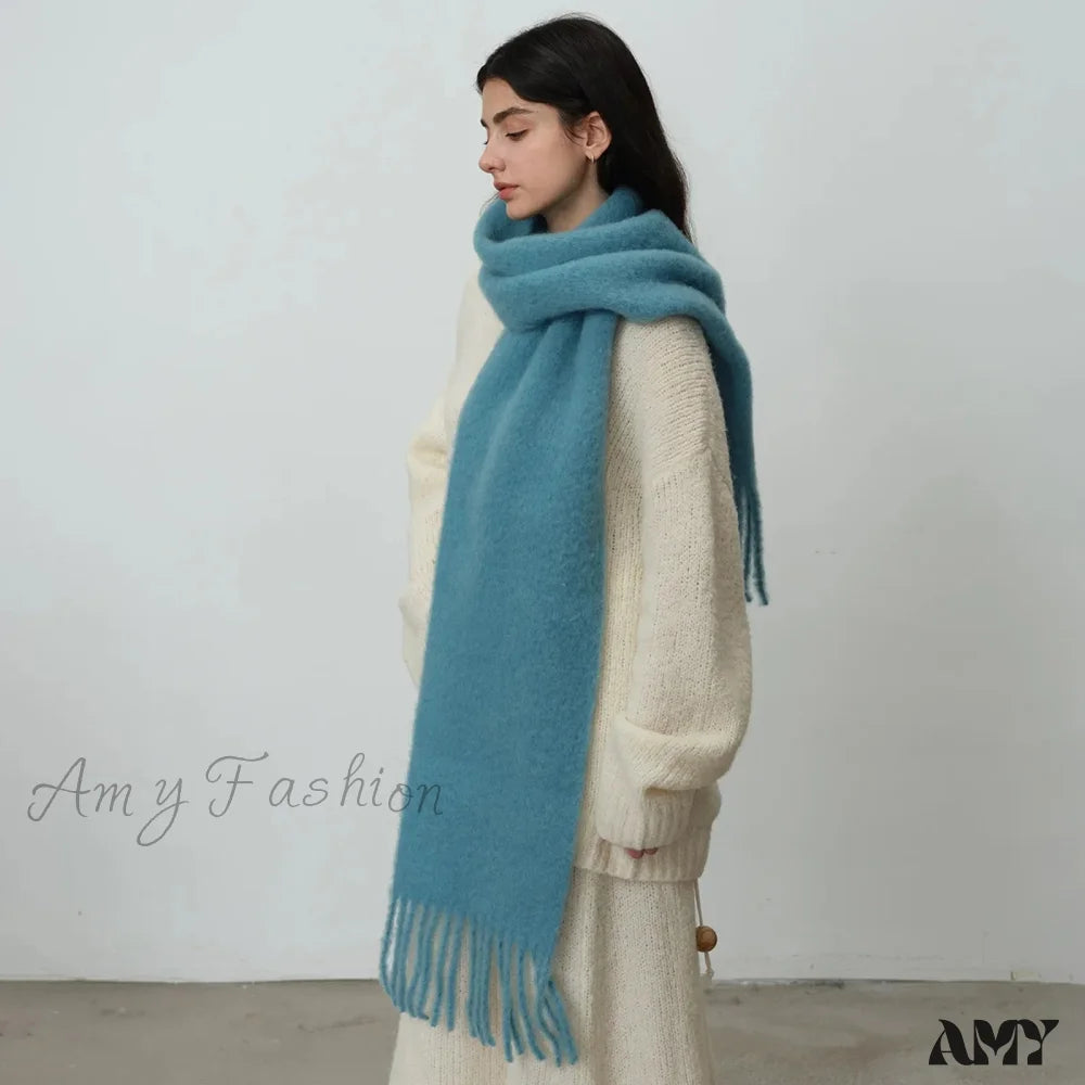 80% Wool Blend Solid Color Tassel Scarf For Women - Autumn Winter Collection