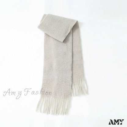 80% Wool Blend Solid Color Tassel Scarf For Women - Autumn Winter Collection Beige