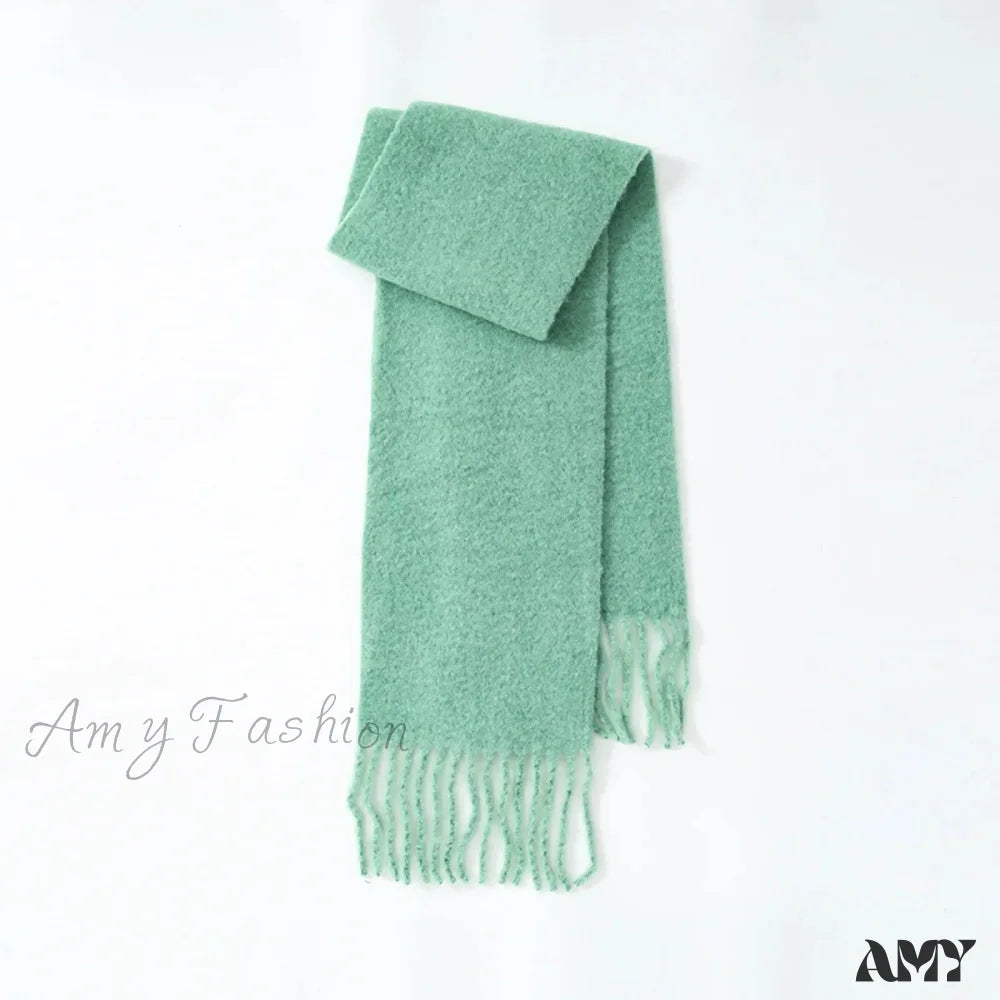 80% Wool Blend Solid Color Tassel Scarf For Women - Autumn Winter Collection Green