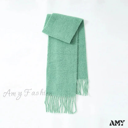 80% Wool Blend Solid Color Tassel Scarf For Women - Autumn Winter Collection Green